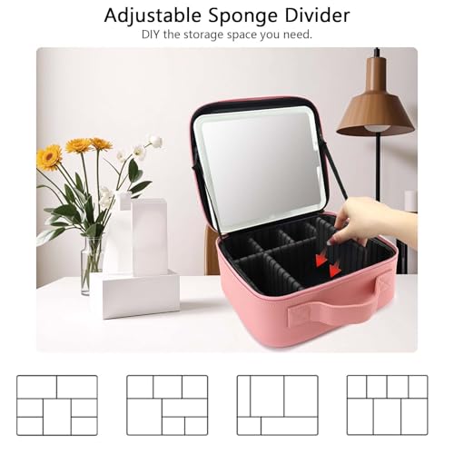 Travel Makeup Bag with LED Mirror and Adjustable Dividers
