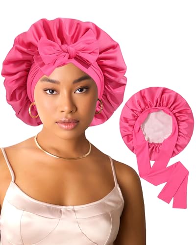 AWAYTR Satin Sleep Bonnet for Sleeping, Adjustable Double Layer Rose Pink