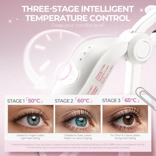 MLEN DIARY Rechargeable Heated Eyelash Curler with 3 Temperature Modes, Fast 10s Heat Up, Long-Lasting 24H Curl, Travel-Friendly, Anti-Burn Safety (White)