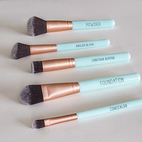 Nicole Miller Makeup Brush Collection, 5 Piece Makeup Brush Gift Set, Powder Brush, Foundation Brush, Concealer Brush, Angled Blush Brush and Contour Buffer (Green)