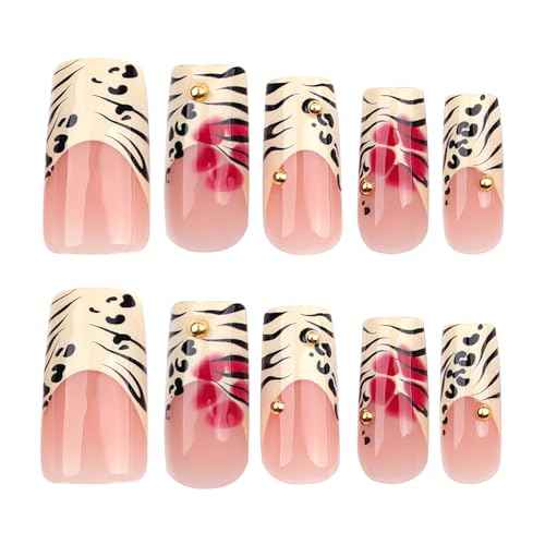 Leopard Print French Tip Press on Nails Long Square Fake Nails with 3D Gold Pearl Designs Glossy Red Flower Full Cover Glue On Nails Reusable Coffin Autumn Winter False Nails for Women 24Pcs