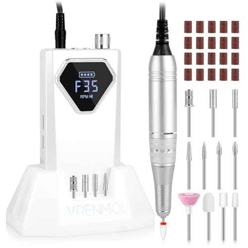 Vrenmol Professional Electric Nail Drill: 35000RPM Rechargeable Nail Drill Machine with Base Portable Nail File with Nail D rill Bits for Remove Gel Dip Acrylic Nails Nail Art Salon Use White