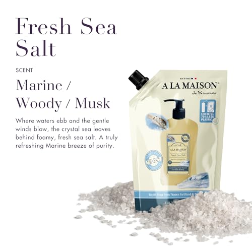 A LA MAISON French Liquid Hand Soap Eco-Friendly Refill Pouch, Fresh Sea Salt - Natural Hand Wash Made with Essential Oils - Biodegradable, Plant-Based, Vegan, Alcohol & Paraben Free (33.8 oz, 2 Pack)