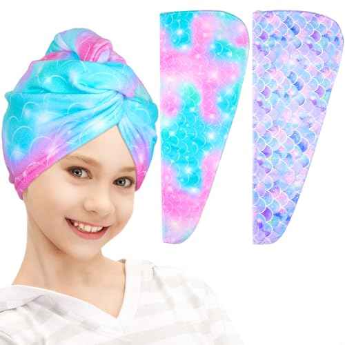 FIOBEE Microfiber Hair Towel Wrap for Kids Rapid Drying Turbans for Wet Hair with Button Women & Girls Long, Curly Hair Pack of 2, Purple/Green Mermaid