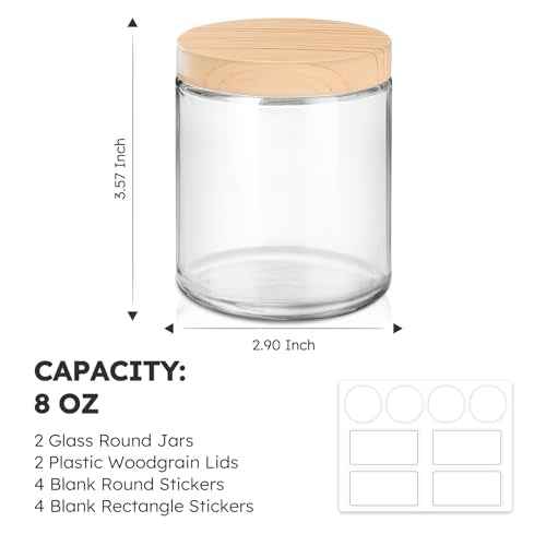 Small Glass Containers with Lids, 8 oz Glass Jars with Plastic Woodgrain Lids & Inner Liners, Reusable Travel Containers for Creams, Makeup, Lotion, Cosmetic - 2 pack