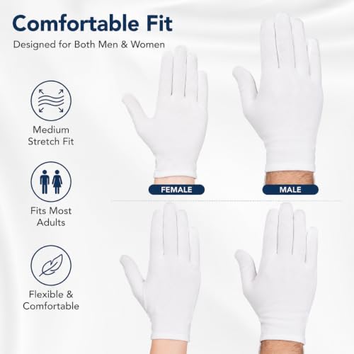 White Cloth Inspection Gloves, 12 Pairs - Soft Breathable Stretch (Size L)