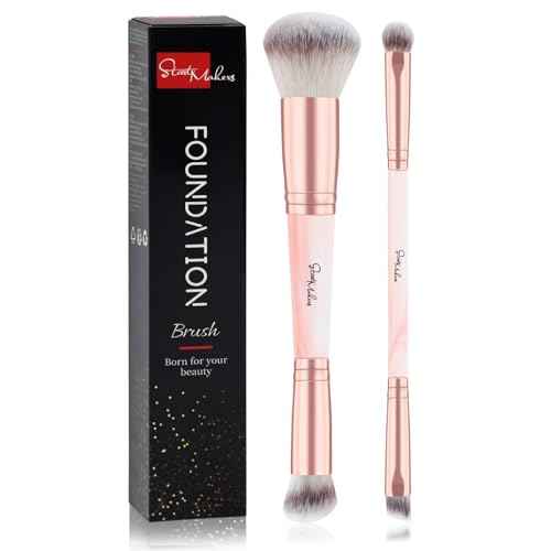 START MAKERS Makeup Brushes Dual Ended, 2Pcs Foundation Contour Concealer Brush Set for Blending Buffing Highlighting Setting, Professional Women Liquid Cream Powder Make up Brushes Set, Pink