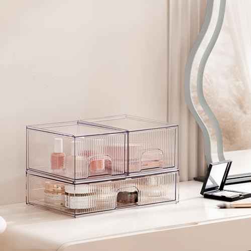 HBlife Stackable Clear Acrylic Storage Drawer Organizer - Set of 3 Makeup and Bathroom Storage Bins - Versatile for Vanity, Undersink, Kitchen, and Office Organization