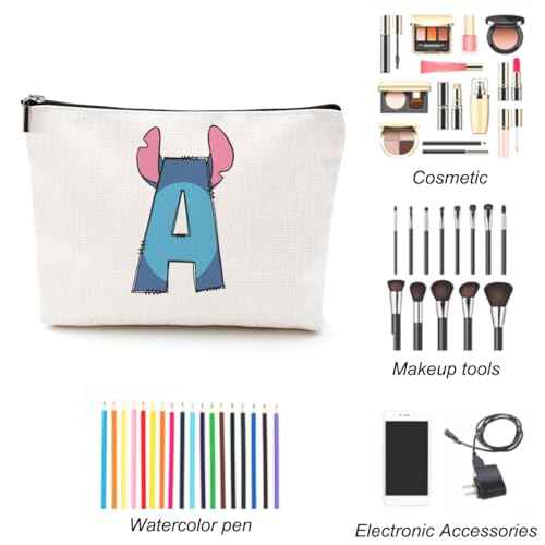LONGXIN Cute Cartoon Gifts Initial Personalized Makeup Bag Monogrammed Cosmetic Bags Small Makeup Pouch Birthday Christmas Gifts for Women Girls (A)