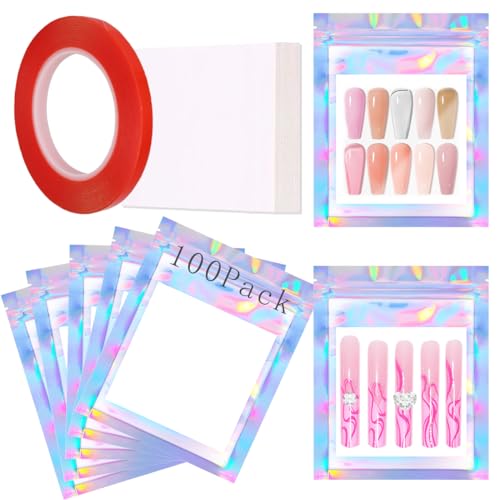 Press On Nail Packaging Bags Set - 100PCS Holographic with Cardboard
