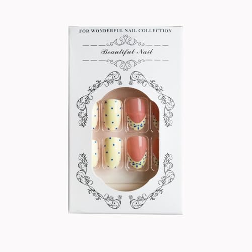 Blue White Stripe Almond Press On Nails - 24pcs
