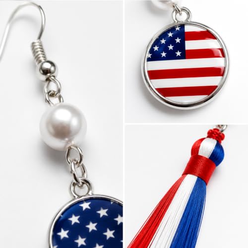 5.7 inch Tassel Patriotic Earrings - Handmade 925 Silver Plated Jewelry