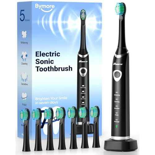 Bymore Electric Toothbrush for Adults,Travel Sonic Toothbrush with 8 Replacement Heads, Ultra Clean Rechargeable Toothbrush Portable One Charge for 330days 5 Modes 2mins Timer-Black