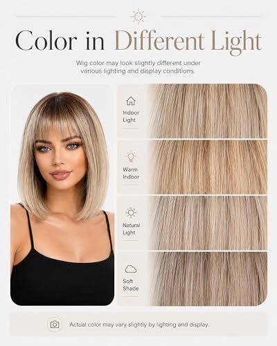 Light Gold Bob Wig with Bangs 12 Inch Short Straight Heat Resistant