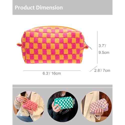 PAZIMIIK Checkered Makeup Bag for Purse Portable Zipper Make Up Pouch Small Cosmetic Case for Travel Red Orange