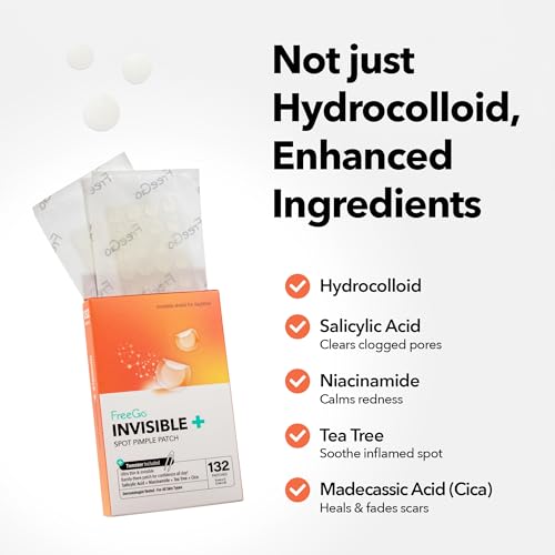 FreeGo Invisible+ Hydrocolloid Spot Pimple Patches for Face, Large Patches for Breakouts, Zit, Blemish Spot, Facial Stickers, Korean Pimple Patches (132 Counts)