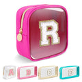Personalized Clear Makeup Bag with Chenille Initials - Hot Pink