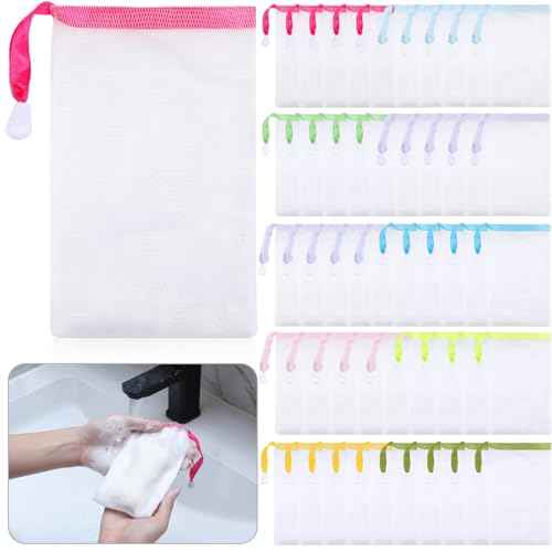 Sunnyray 50 Pcs 10 Colors Mesh Soap Bags Handmade Soap Bubble Bags with Drawstring Exfoliating Mesh Pouch for Foaming and Drying for Shower Body Facial Cleaning Tool
