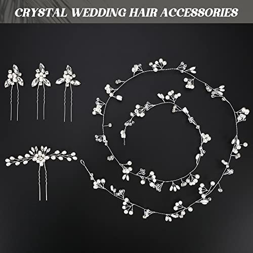 WIOR Wedding Hair Vine for Brides, 39.4 Inch Crystal Beads Bridal Hair Pieces with 4 Pearl Hair Pins, Handmade Rhinestones Headpieces Wedding Hair Accessories for Bride Bridesmaids Prom Party - Silver