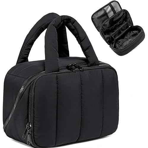 CAMTOP Travel Toiletry Bag for Women Travel Toiletry Organizer Lightweight Large Wide-open Makeup Bag Large Capacity Qulited Cosmetic Bag Puffy for Essentials Organizer (Black)