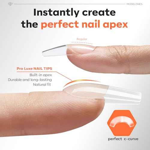 modelones Pro Luxe Instant Nail Apex Tips, Medium Square Extension Gel Tips Pre-building & Pre-etched Thicker Strength Acrylic Fake Nails Full Cover 15 Sizes