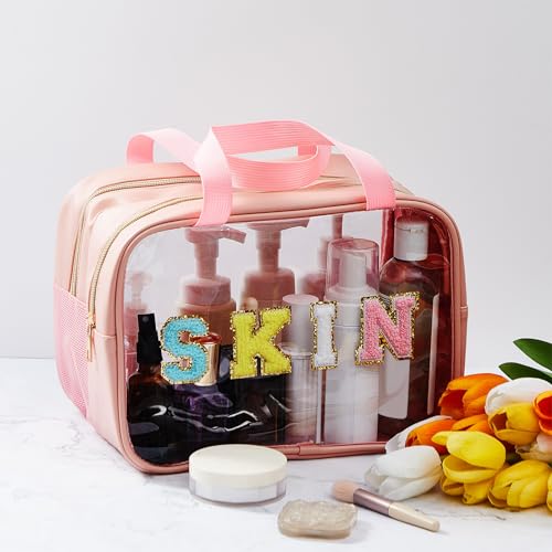Geetery Chenille Letter Patch Makeup Bag with Handy Handle - Preppy Nylon Cosmetic Organizer with Zipper, Large Travel Toiletry Storage Bag for Women Portable Pink Makeup Case, Women Gifts