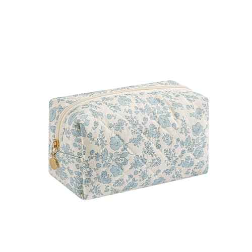 Cute Floral Makeup Bag Small Cotton Quilted Cosmetic Bag, Aesthetic Essential Bag Emergency Bag Gift for Women Girls Travel Accessories (Blue Floral)