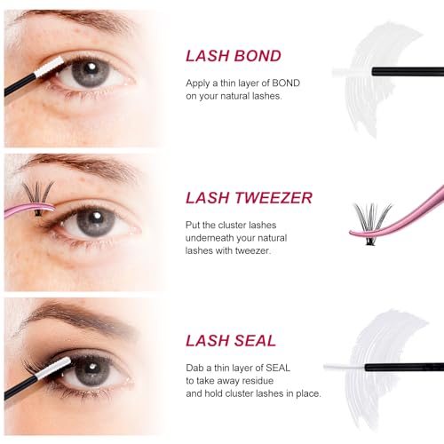 FADLASH Eyelash Extension Kit Lash Clusters Mix Tray Thin Band DIY Lash Extension Kit with Lash Bond and Seal Lash Tweezers Eyelash Applicator Tool Individual Lashes(F2-0.07D-15-20mm Kit)