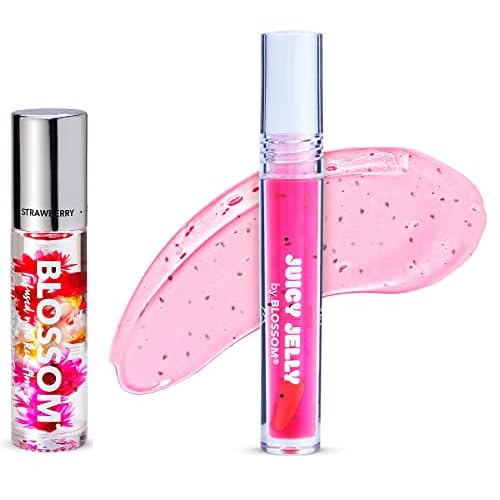 Blossom Scented Roll on Lip Gloss and Juicy Jelly Moisturizing Lip Care Nourishing Lip Oil, 2 Pack, Strawberry
