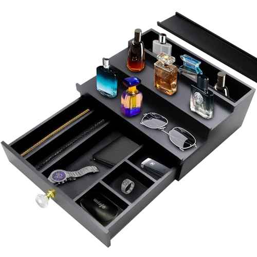 Cologne Organizer for Men, 3 Tier Cologne Stand Organizer for Men, Wood Perfume Organizer with Felt Lining Drawer and Hidden Compartment, Great Gift for Men(Black)