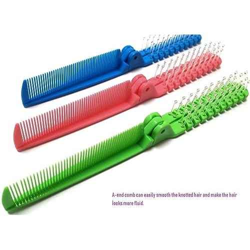 3pcs Hair Brush Set - Folding Travel Brush, Fine Tooth Pocket Comb, Massage Head & Baby Braiding Brush for Kids and Adults in Green/Pink/Blue