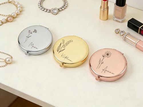 Personalized Compact Travel Mirror with Birth Flower and Name - Gift Idea