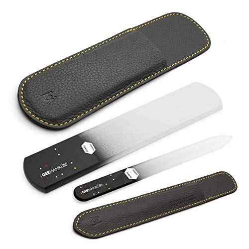 GERMANIKURE Black Glass Nail File & Pedicure Bar Set in Leather Sleeves - Ethically Made in Czech Republic - Professional Manicure & Pedicure Kit for Fingernail Care, Foot Callous & Dry Skin Removal