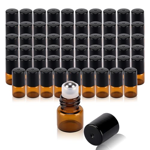 60 pack 1ml Amber Glass Roller Bottles for Essential Oils Refillable Roll-on Applicator with Stainless Steel Roller Balls Mini Leak-proof Makeup Containers with Pipettes and Bottle Opener