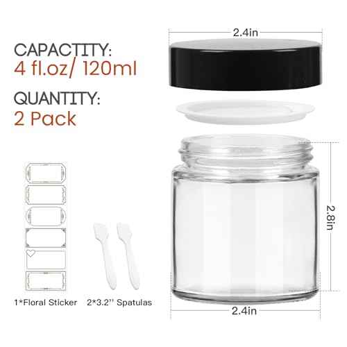 4 oz Clear Round Glass Jars, Pack of 2 with Black Lids, Cosmetics Containers for Face Cream Lotion, Powder, Candle, Spice, Body Butter