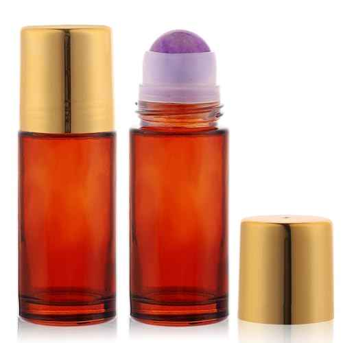 2 pack Large Amber Glass Roll on Bottles for Essential Oils Perfume Refillable Roller Ball Applicator Empty Deodorant Containers with Purple Crystal Rollerball