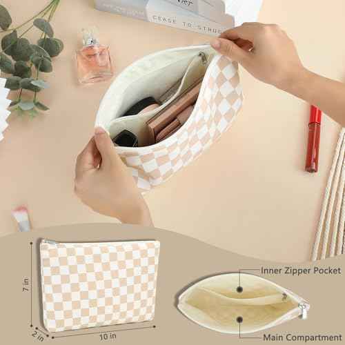 Checkered Makeup Bag, Travel Cosmetic Bag Organizer Toiletry Bag Make Up Bags with Zipper & Compartments for Women Girls