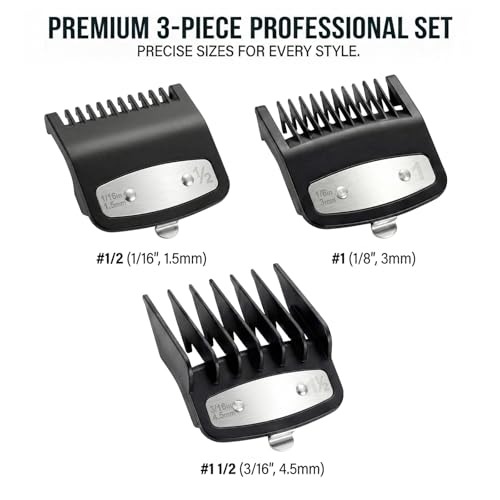 3-Piece Metal Clip Clipper Guards for Wahl, #0.5#1#1.5 Fade Combs (1/16" 1/8" 3/16"), Professional Blending Guides Compatible with Magic Clip, Senior, Legend, Super Taper - Black
