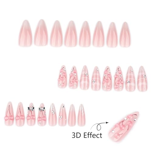 Mivota Almond Press-On Nails Set - Pink Cherry 3D Design, 24pcs