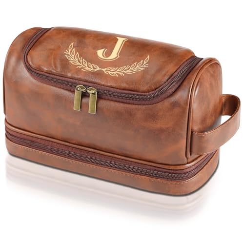 Personalized Gifts for Men -Father Day Gifts Personalized Toiletry Bag with Engraved Monogram - Leather Travel Kit Shaving Organizer - Unique Present for Him, Husband, Dad £¨J£©