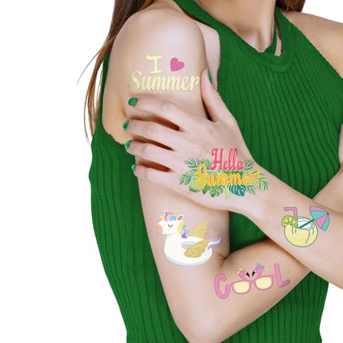 Summer Pool Party Temporary Tattoos for Kids - 44 Metallic Designs