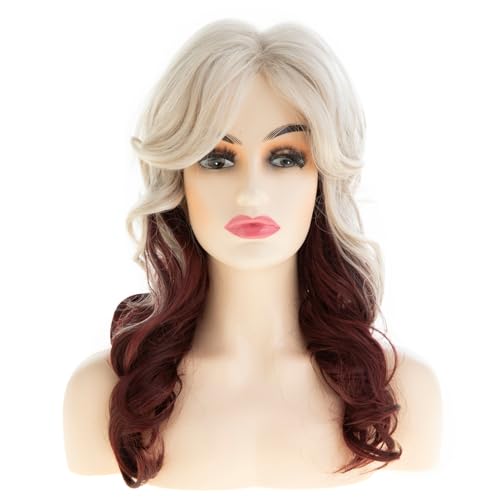 Beweig Blonde to Burgundy Wavy Wig for Women with Bangs - Heat-Resistant Synthetic Costume Hair (Variation: Blonde to Winered)