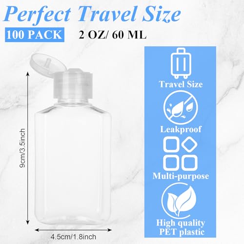 CYEAH 100 PCS 2 Oz Empty Hand Sanitizer Bottles, Clear Refillable Flip-Top Bottles, Plastic Travel Size Bottle with Flip Cap, Refillable Hand Sanitizer Holder for Travel, Business Trip and Camping