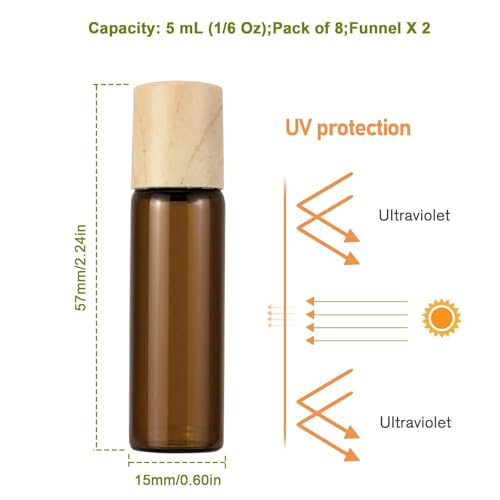 Amber Glass Roll On Bottles 5ml, 8 Pack Essential Oil Roller