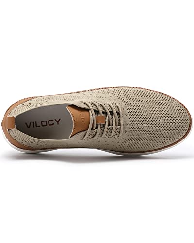 VILOCY Men's Casual Dress Sneakers Oxfords Business Shoes Lace Up Lightweight Comfortable Breathable Walking Knit Mesh Fashion Sneakers Tennis Khaki,EU40