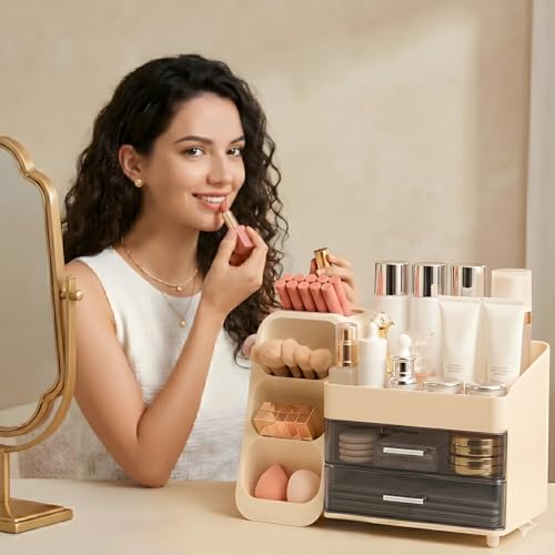 Large Makeup Organizer with Brush Holder & 2 Drawers - Cream