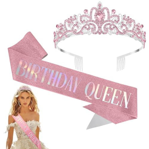 Jukeios Birthday Ensemble: Sash, Tiara, and Pink Crown for Women's Birthday Celebrations