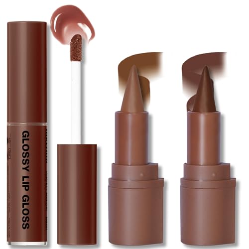 2 Colors Lip Liner with Lip Gloss Set, Moisturizing Light Brown Lip Pencil Dark Brown Lip Liner and Lip Gloss Combo, Long Lasting Glossy Lip Stain Lipstick Lip Care Makeup