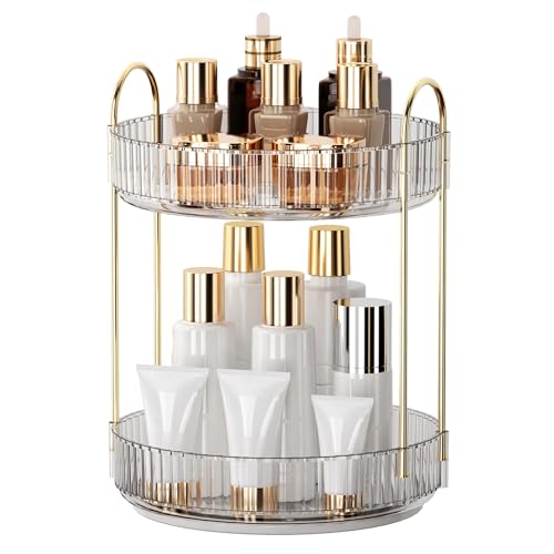 YCIA&DONE 360 Rotating Makeup Organizer and Storage for Vanity Bathroom Countertop, High Capacity Cosmetic Skincare Perfume Organizers for Dresser Lazy Susan (Clear White,2 Tiers)