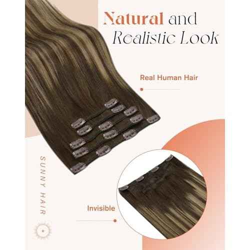 Sunny Hair Clip in Hair Extensions Straight Human Hair Clip in Extensions Remy Clip in Hair Extensions Real Human Hair Extensions Clip ins Balayage Chocolate Brown Ombre Caramel Blonde 18inch
